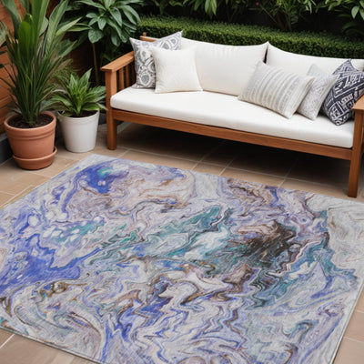 9' X 12' Beige Blue And Taupe Abstract Washable Indoor Outdoor Area Rug-0